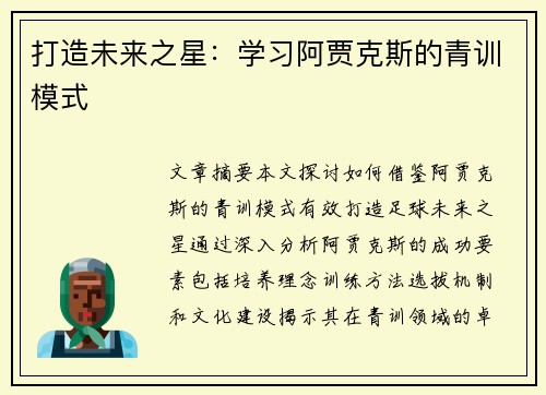打造未来之星：学习阿贾克斯的青训模式
