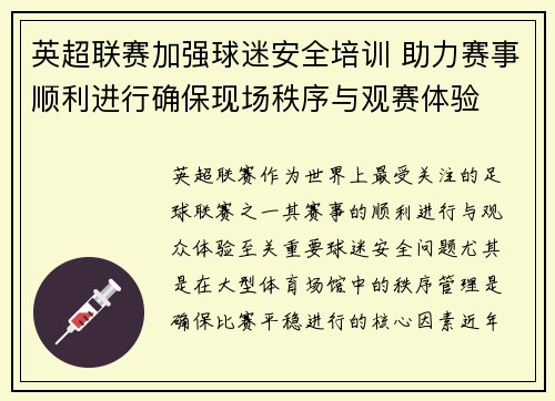 英超联赛加强球迷安全培训 助力赛事顺利进行确保现场秩序与观赛体验